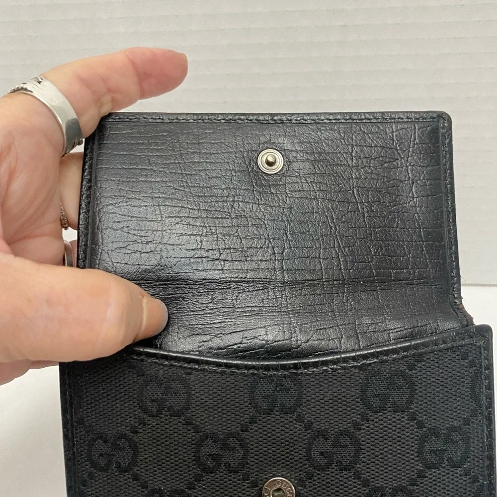 Gucci Black GG Monogram Wallet with Silver Horsebit Ring Clasp